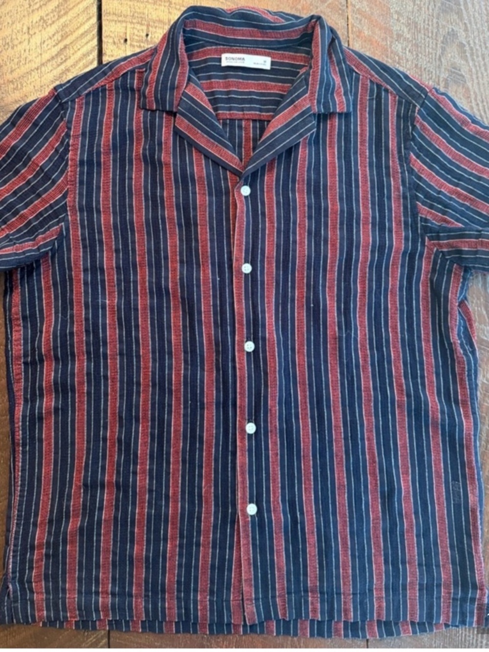 Sonoma Men’s Striped Button Down Shirt Navy Red Short Sleeve Medium Casual